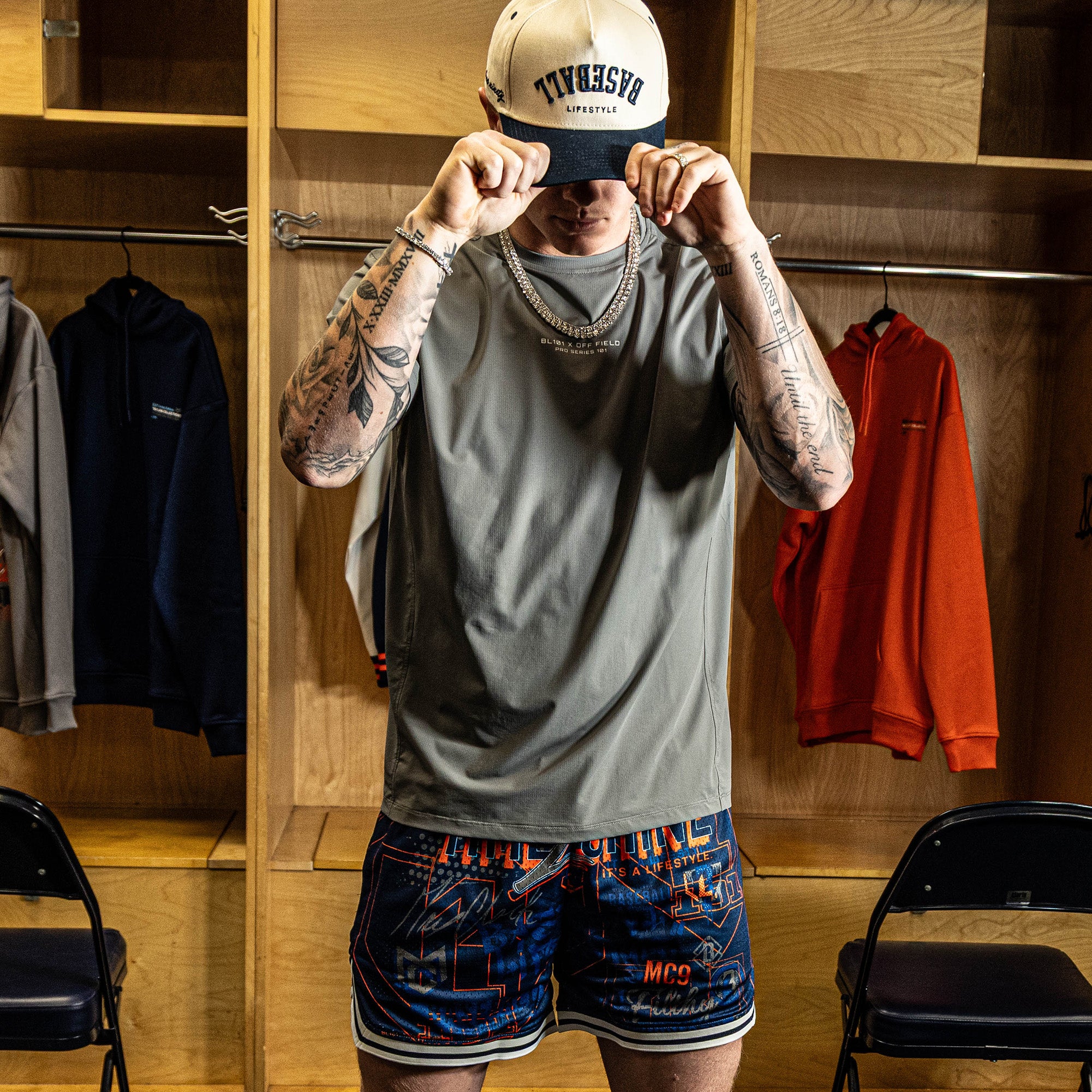 Person wearing a cap and sports attire in a locker room setting