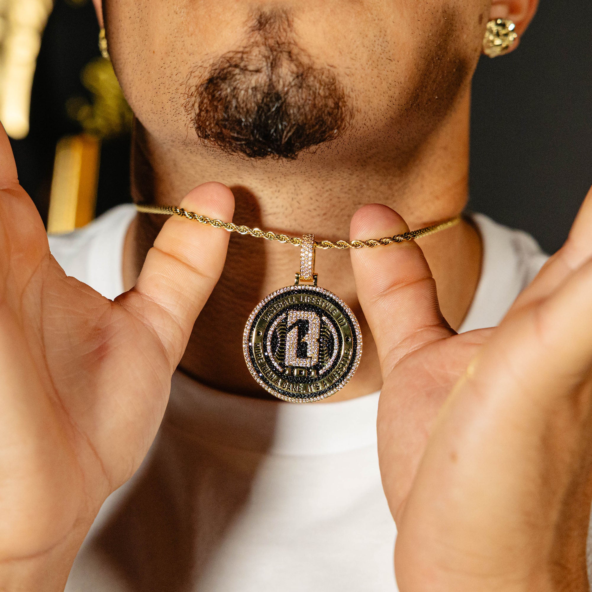 Model wearing Yellow Gold BL101 Medallion necklace
