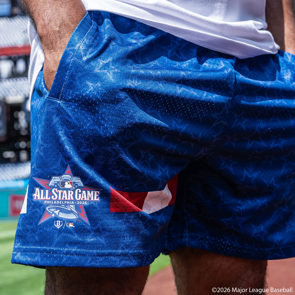Adult model wearing Red, White & Blue shorts with "BL101 All-Star Game" design