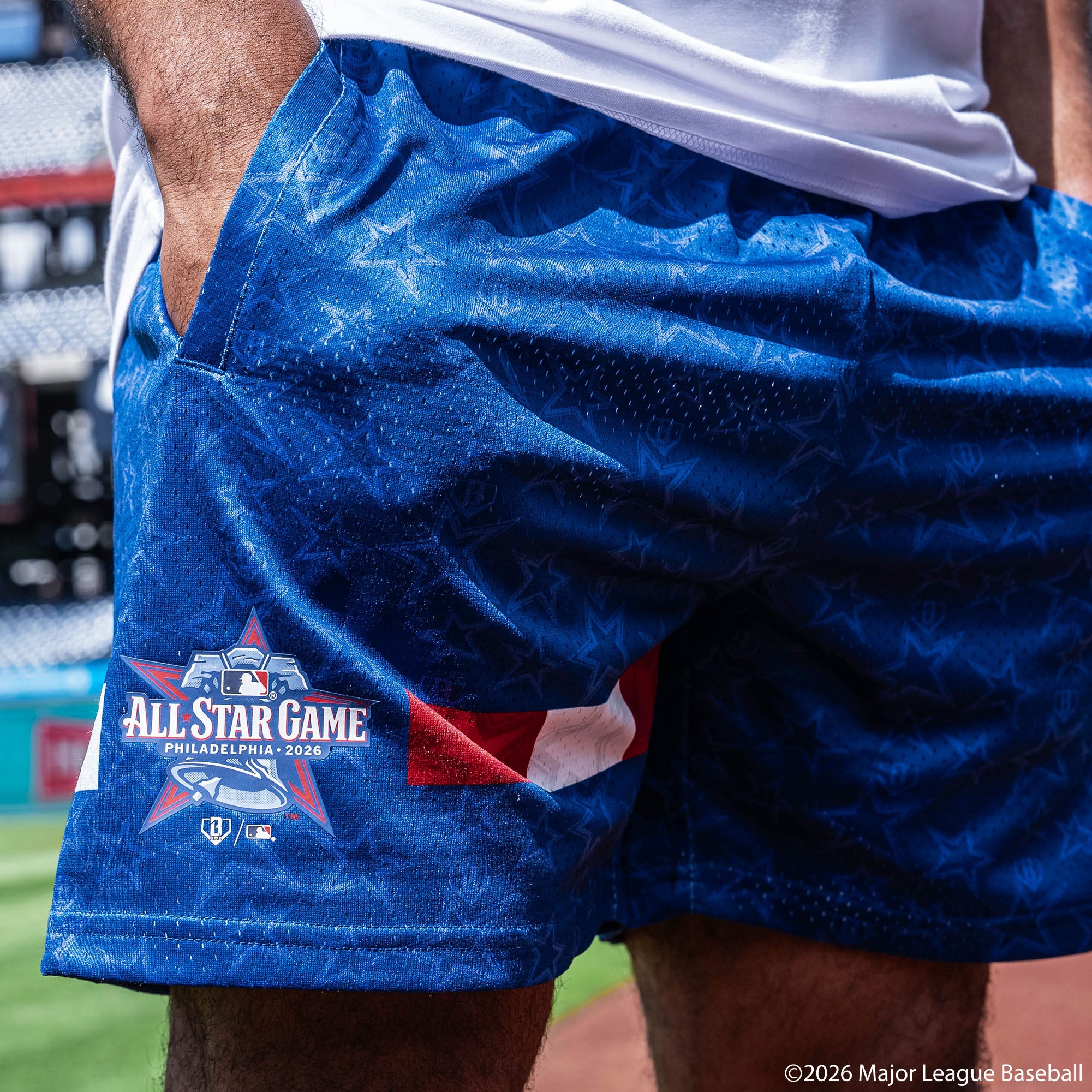 Adult model wearing Red, White & Blue shorts with "BL101 All-Star Game" design