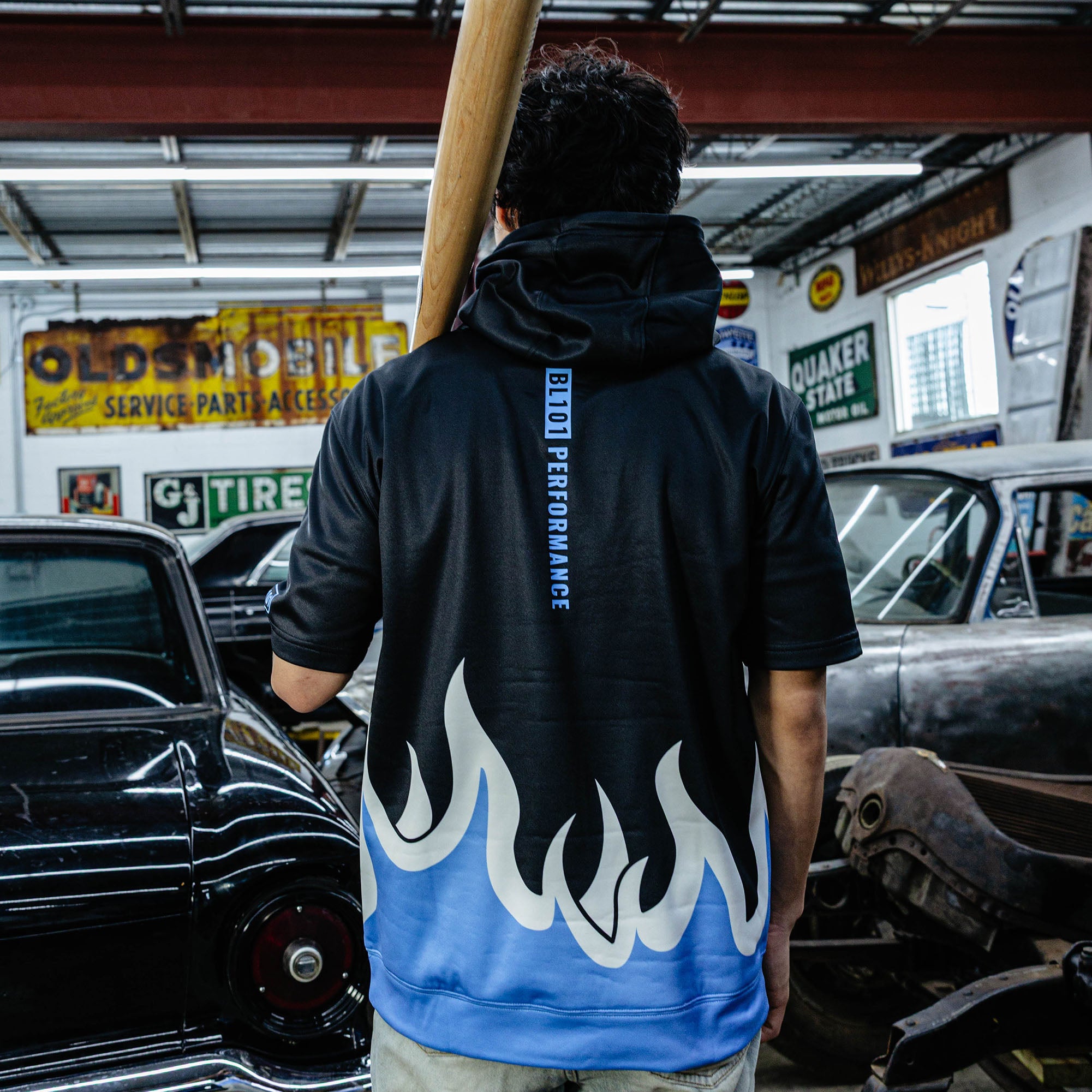 BSBL-SZN V2 Short Sleeve Hoodie - Flames Blue - Baseball Lifestyle 101