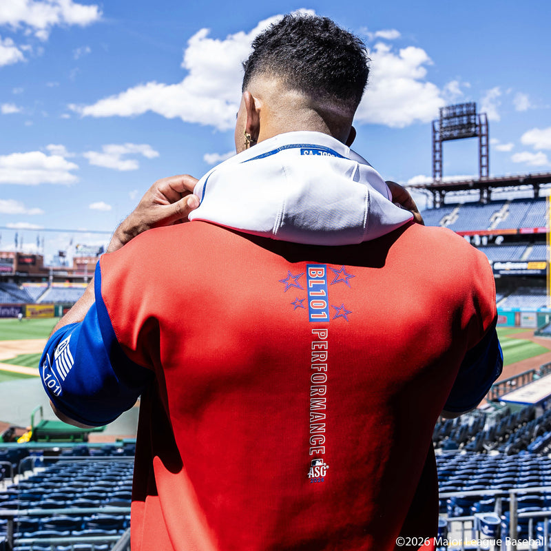 Adult model wearing Red, White & Blue short sleeve hoodie with "BL101 All-Star BSBL-SZN V3" design