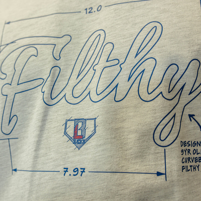 Close-up of a shirt with 'Filthy' text 
