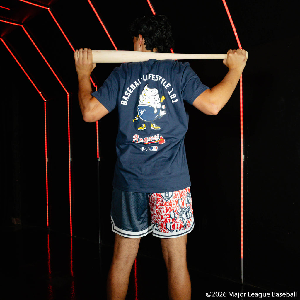Adult model wearing navy graphic tee with "Atlanta Braves Ice Cream" design