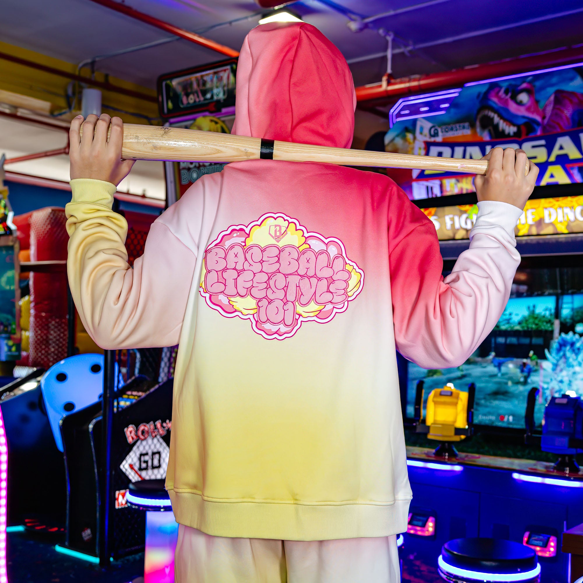 Adult model wearing Cotton Candy Pink Lemonade hoodie