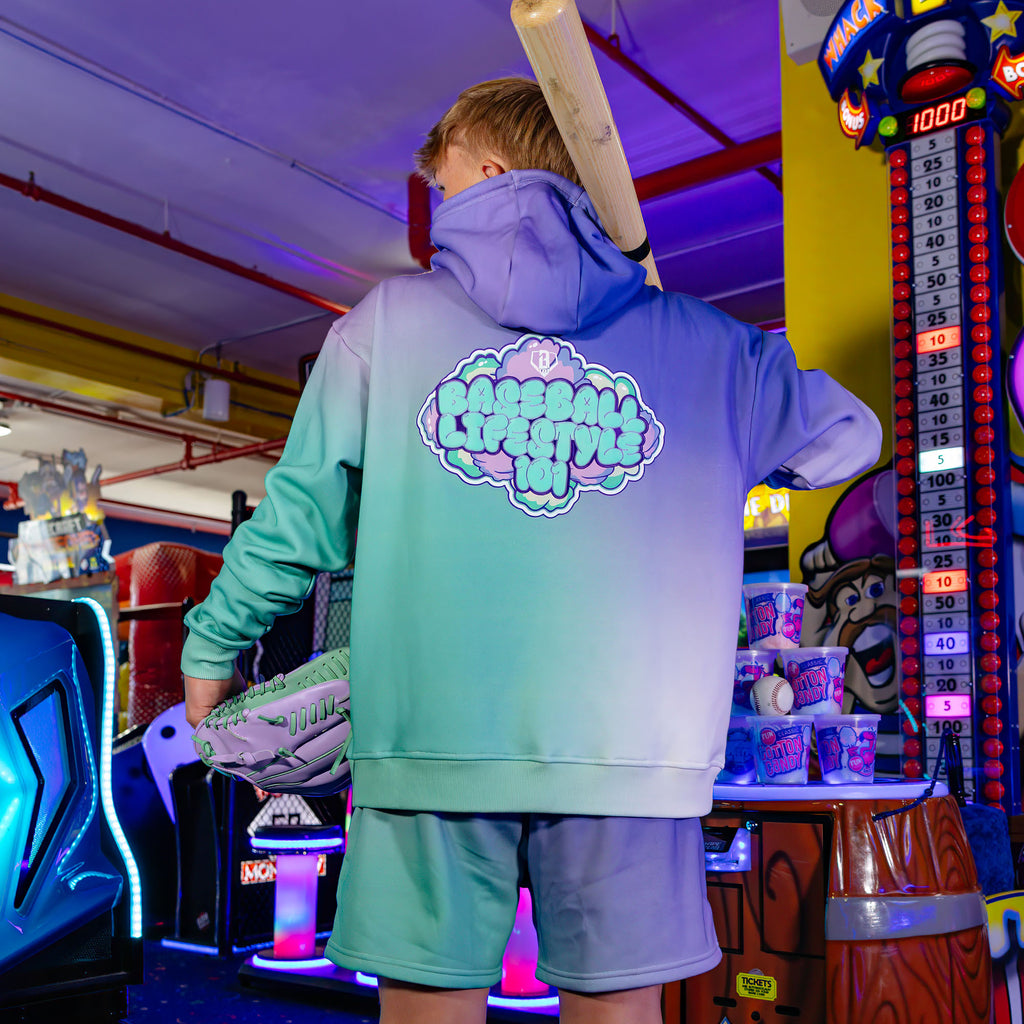 Adult model wearing Cotton Candy Galaxy Grape shorts