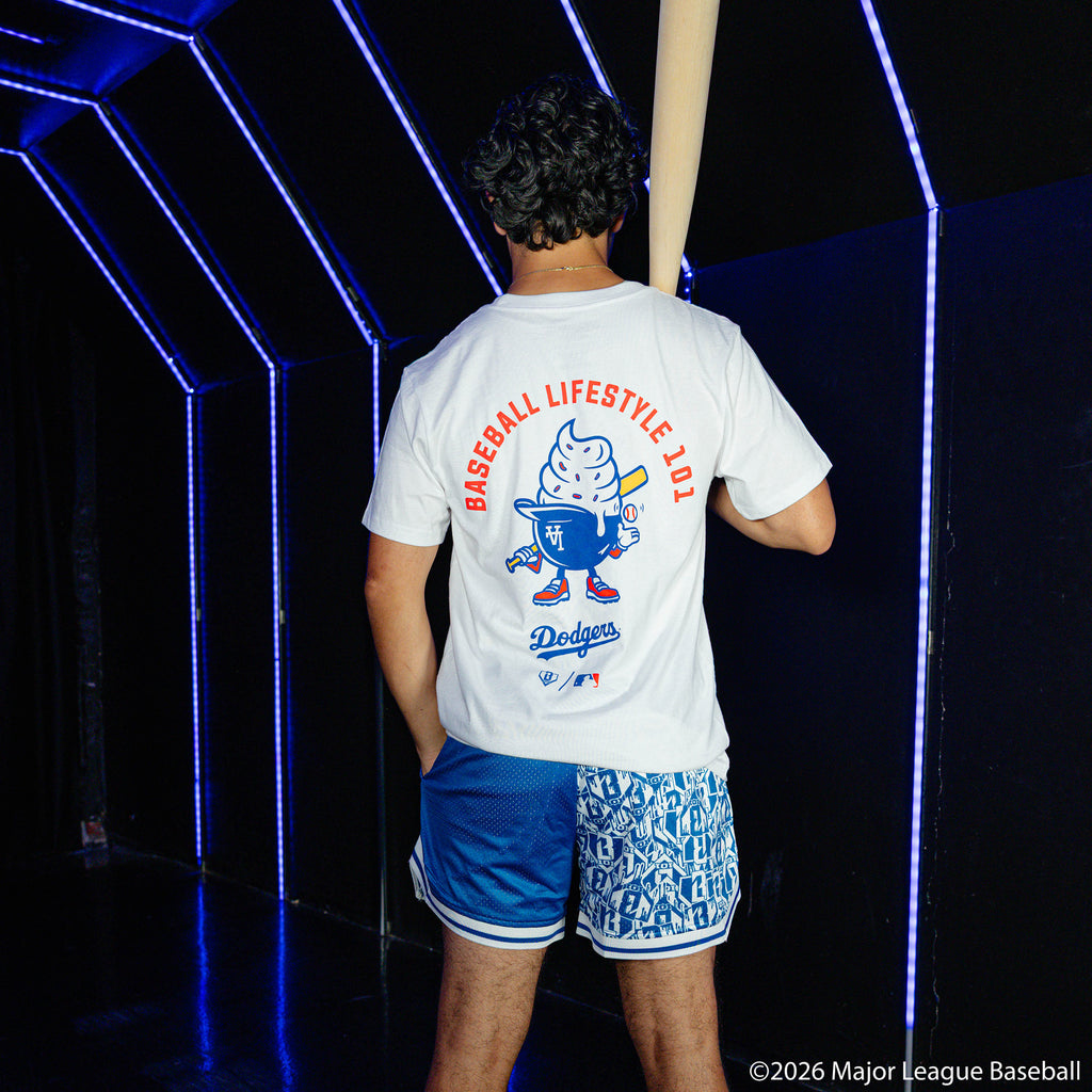 Adult model wearing white graphic tee with "Los Angeles Dodgers Ice Cream" design