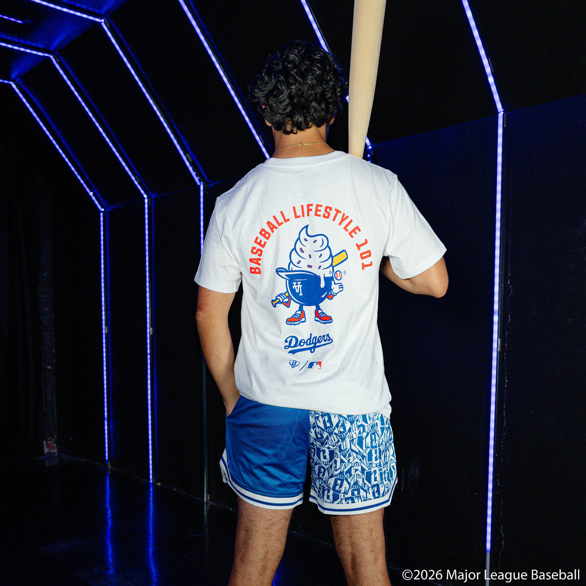 Adult model wearing white graphic tee with "Los Angeles Dodgers Ice Cream" design