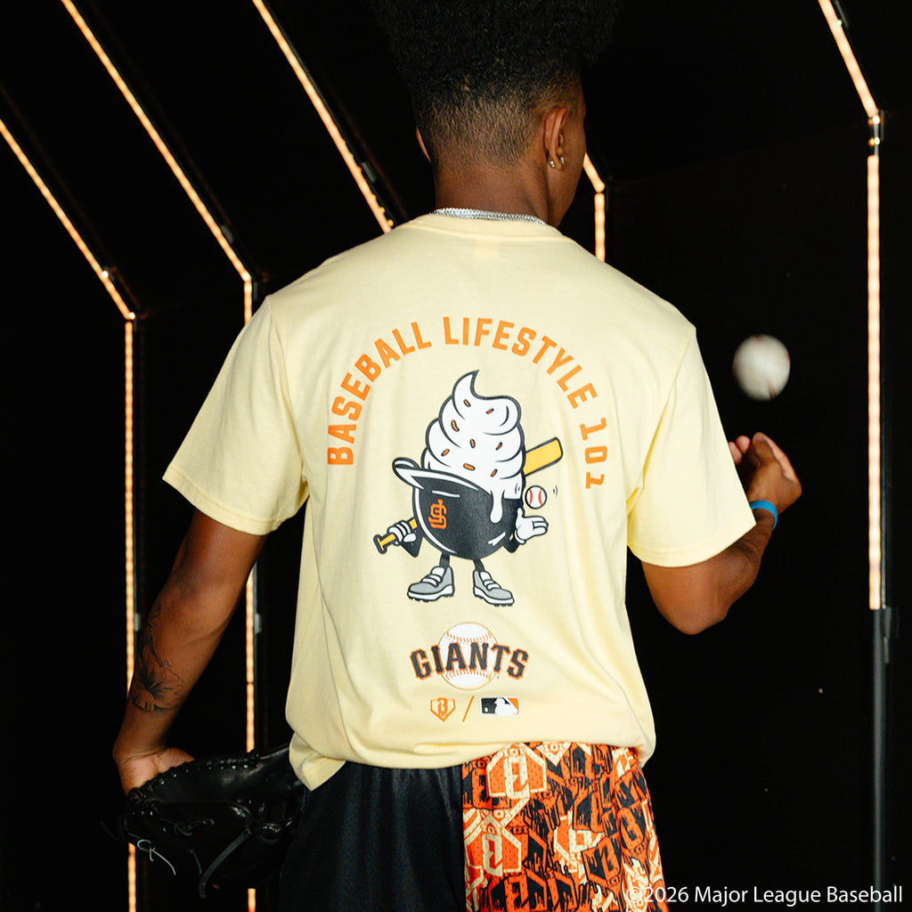 Adult model wearing cream graphic tee with "San Francisco Giants Ice Cream" design