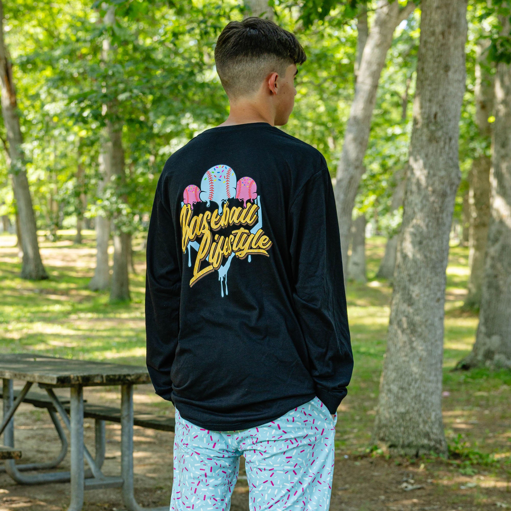Adult model wearing ice Cream Long Sleeve Cotton Candy graphic tee
