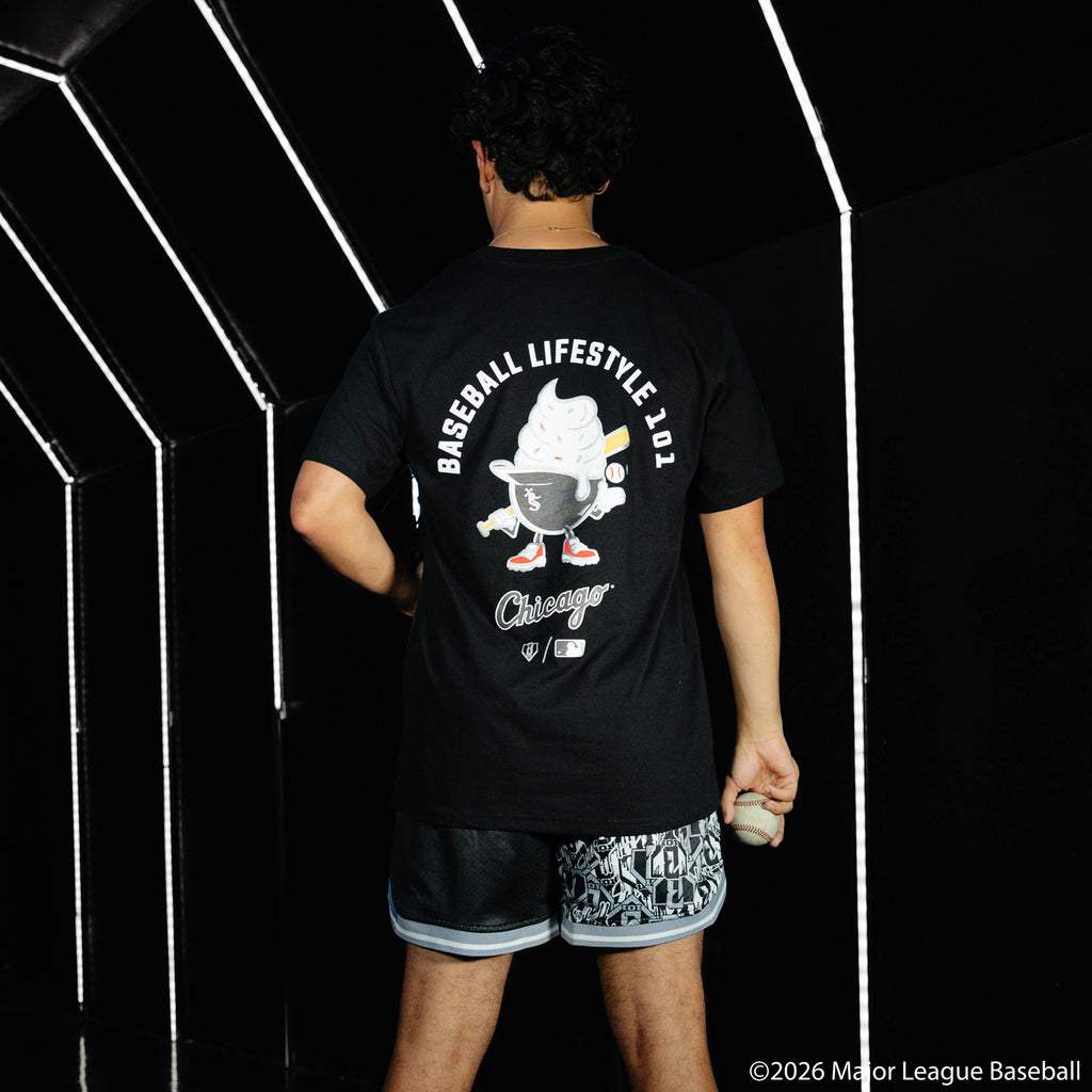Adult model wearing black graphic tee with "Chicago White Sox Ice Cream" design