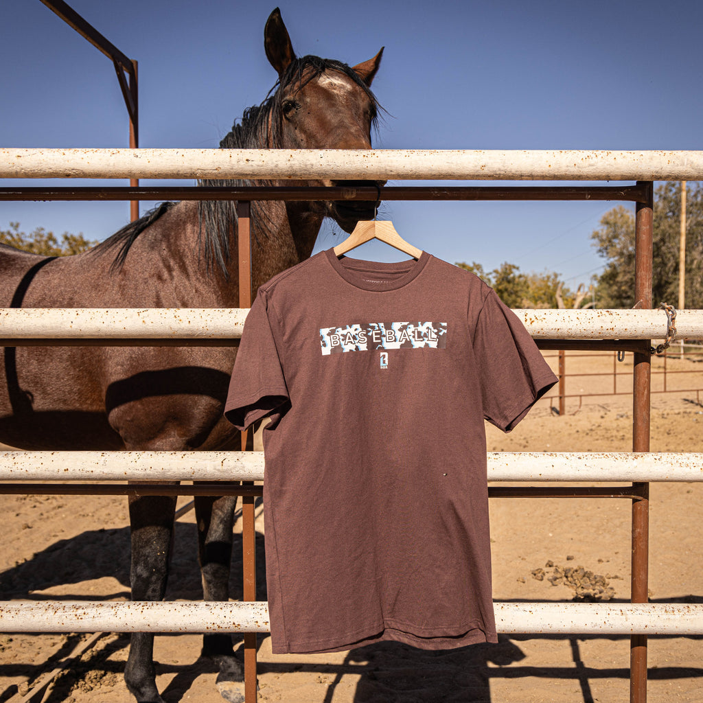 Brown t-shirt with cow print 'Baseball' text on a hanger in front of a horse in a stable.