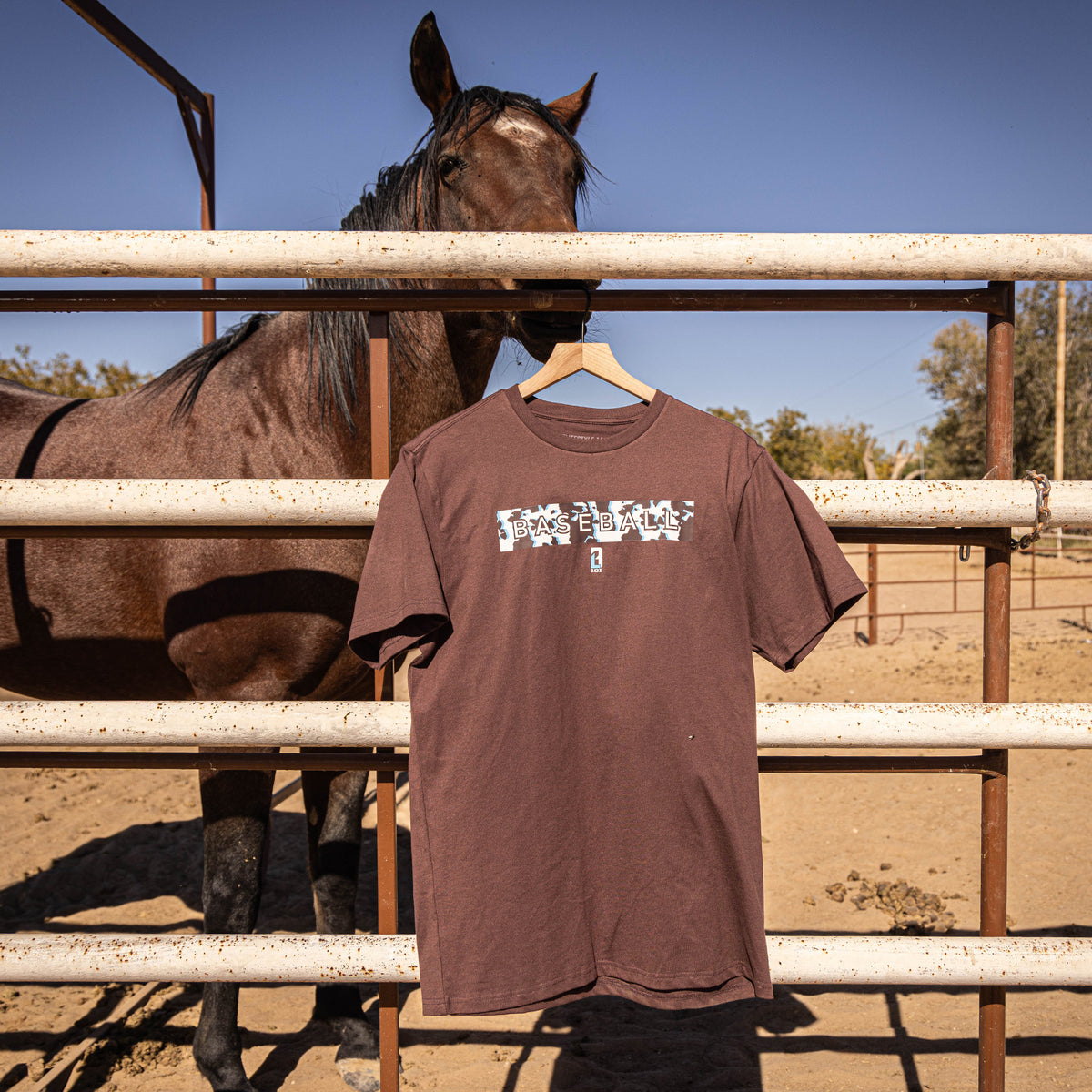 Brown t-shirt with cow print 'Baseball' text on a hanger in front of a horse in a stable.