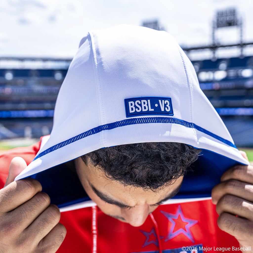 Adult model wearing Red, White & Blue short sleeve hoodie with "BL101 All-Star BSBL-SZN V3" design