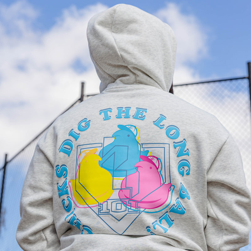 Gray hoodie with colorful peeps graphic design and 'Chicks dig the long ball!' text on the back against a blue sky.