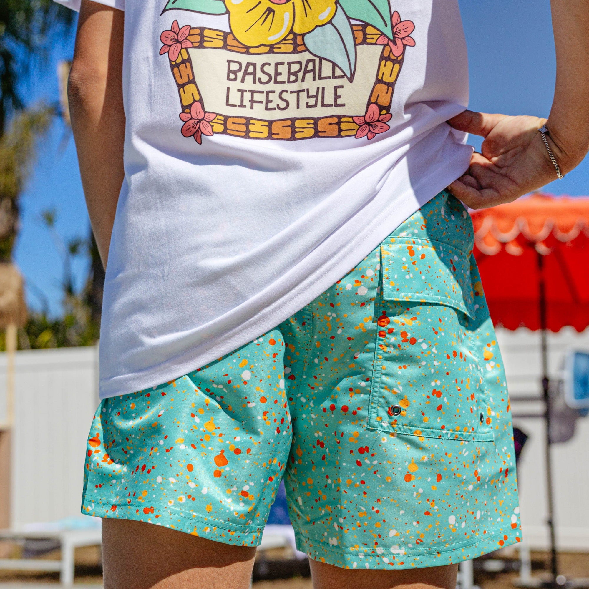 Splatter Swim Trunks - Teal - Baseball Lifestyle 101