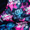 Fabric with 'Baseball Lifestyle 101' text and graphics in pink, black, and blue.