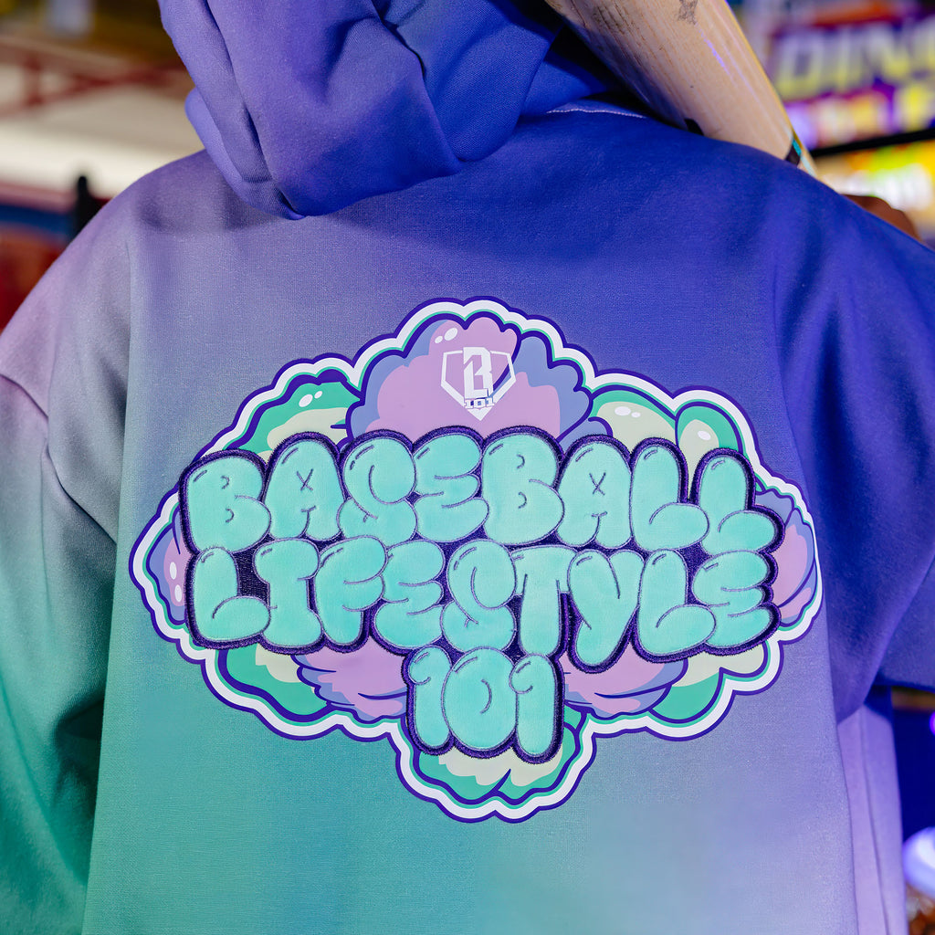 Adult model wearing Cotton Candy Galaxy Grape hoodie