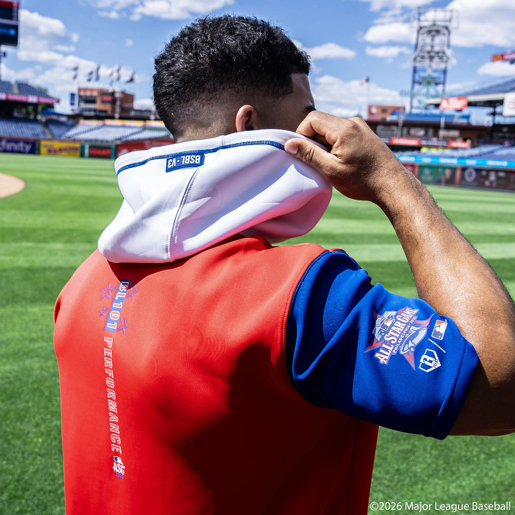Adult model wearing Red, White & Blue short sleeve hoodie with "BL101 All-Star BSBL-SZN V3" design