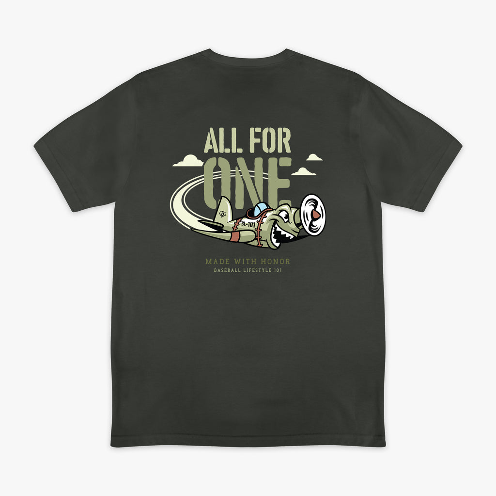 Dark Grey T- shirt with green cartoon airplane graphic and lettering that says 'ALL FOR ONE Made with honor Baseball Lifestyle 101'