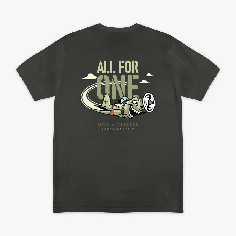 Dark Grey T- shirt with green cartoon airplane graphic and lettering that says 'ALL FOR ONE Made with honor Baseball Lifestyle 101'