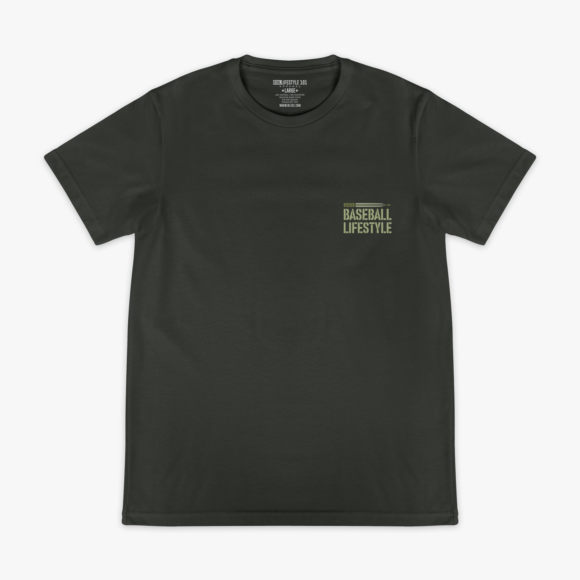 Dark Grey T- shirt with green lettering that says 'BASEBALL LIFESTYLE' in the top right corner