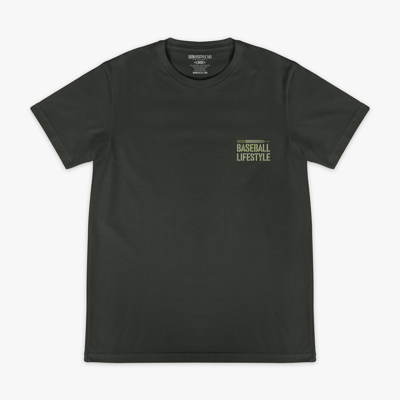 Dark Grey T- shirt with green lettering that says 'BASEBALL LIFESTYLE' in the top right corner