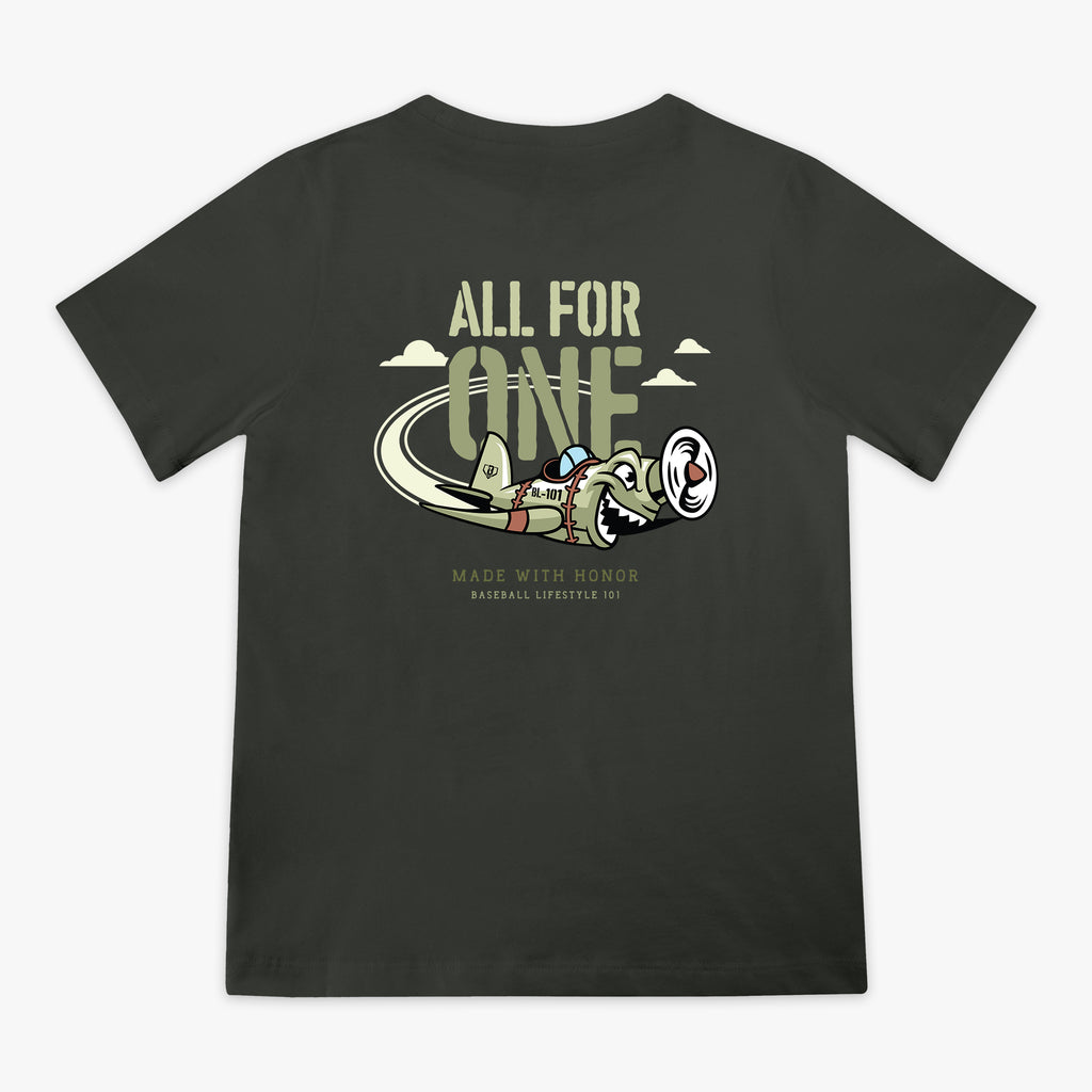 Youth Dark Grey T- shirt with green cartoon airplane graphic and lettering that says 'ALL FOR ONE Made with honor Baseball Lifestyle 101'