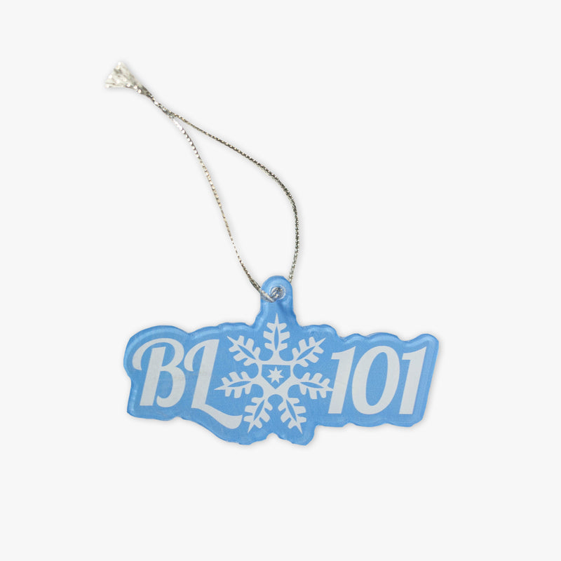 Blue ornament with "Alpine Nine Ornament" design