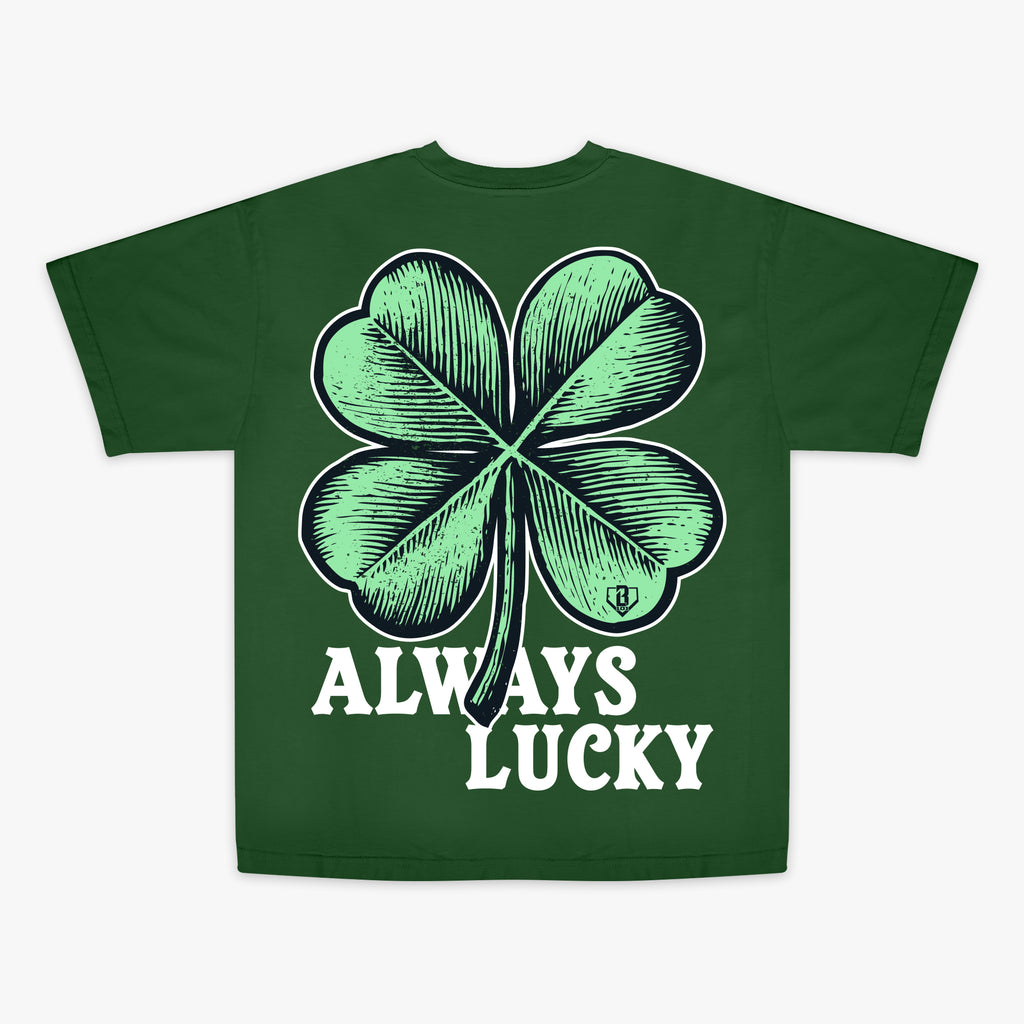 Green t-shirt with a four-leaf clover graphic and 'Always Lucky' text on a white background