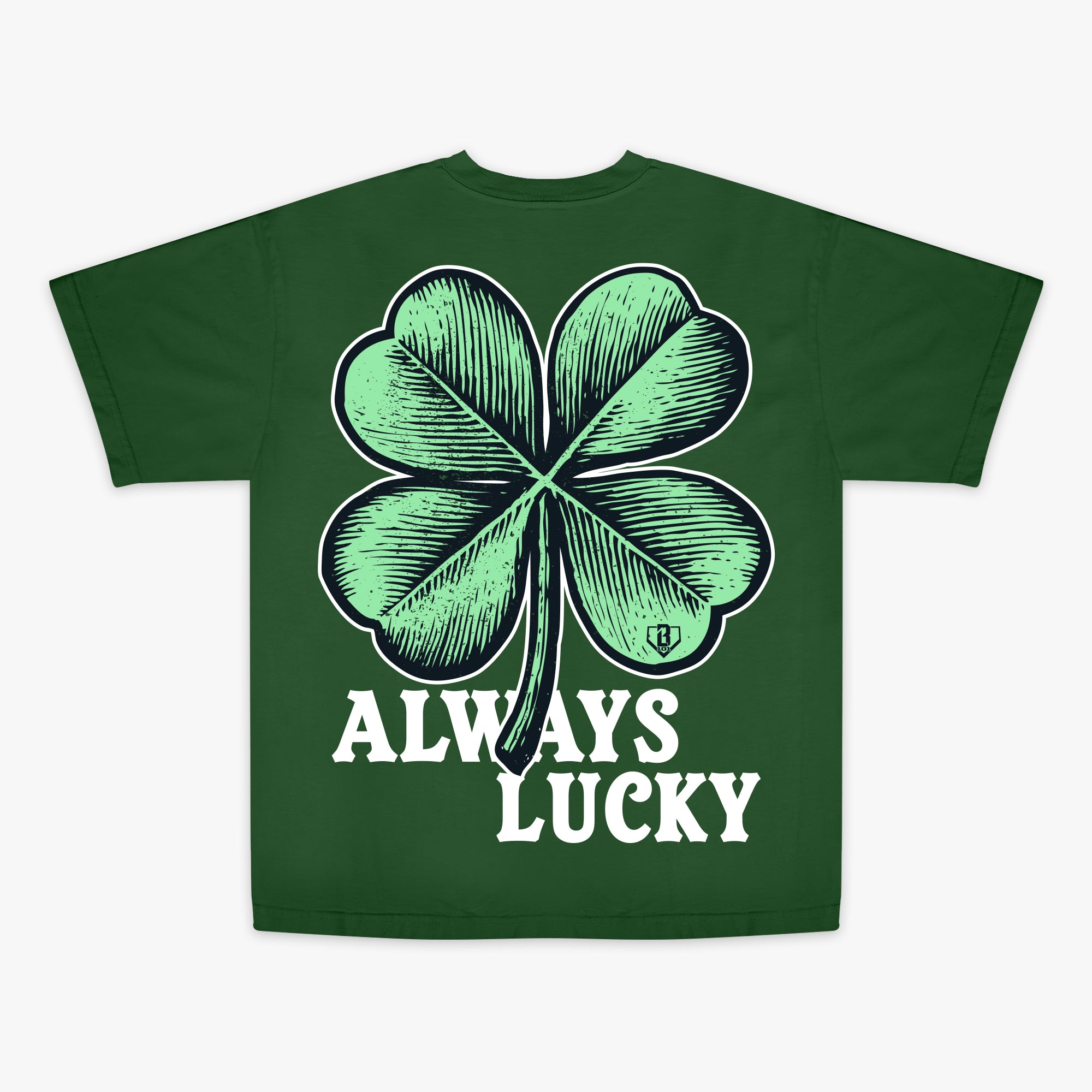 Green t-shirt with a four-leaf clover graphic and 'Always Lucky' text on a white background