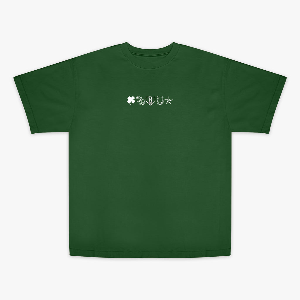 Green t-shirt with a small star, horseshoe, BL101 logo, dice and four leaf clovers on chest.