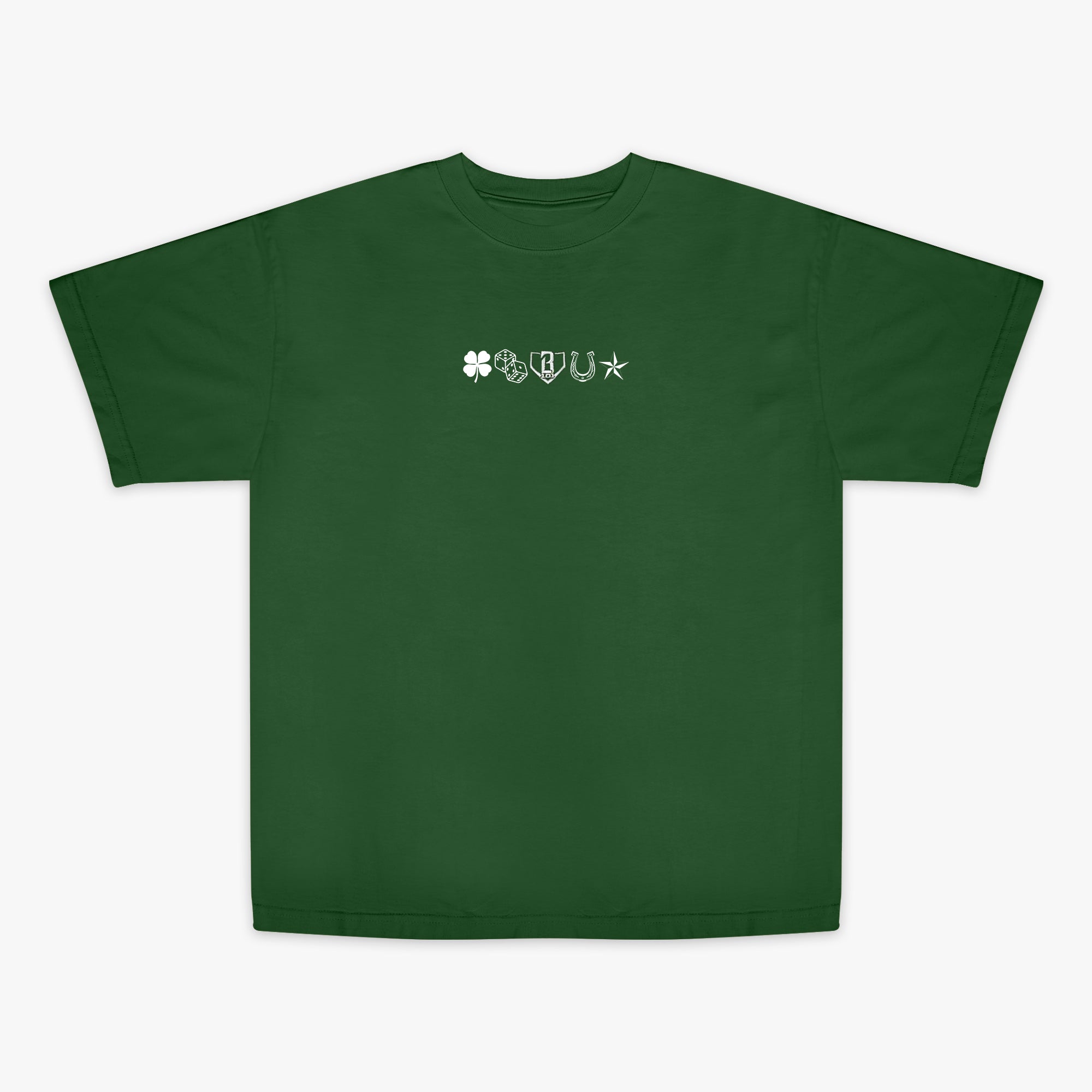 Green t-shirt with a small star, horseshoe, BL101 logo, dice and four leaf clovers on chest.