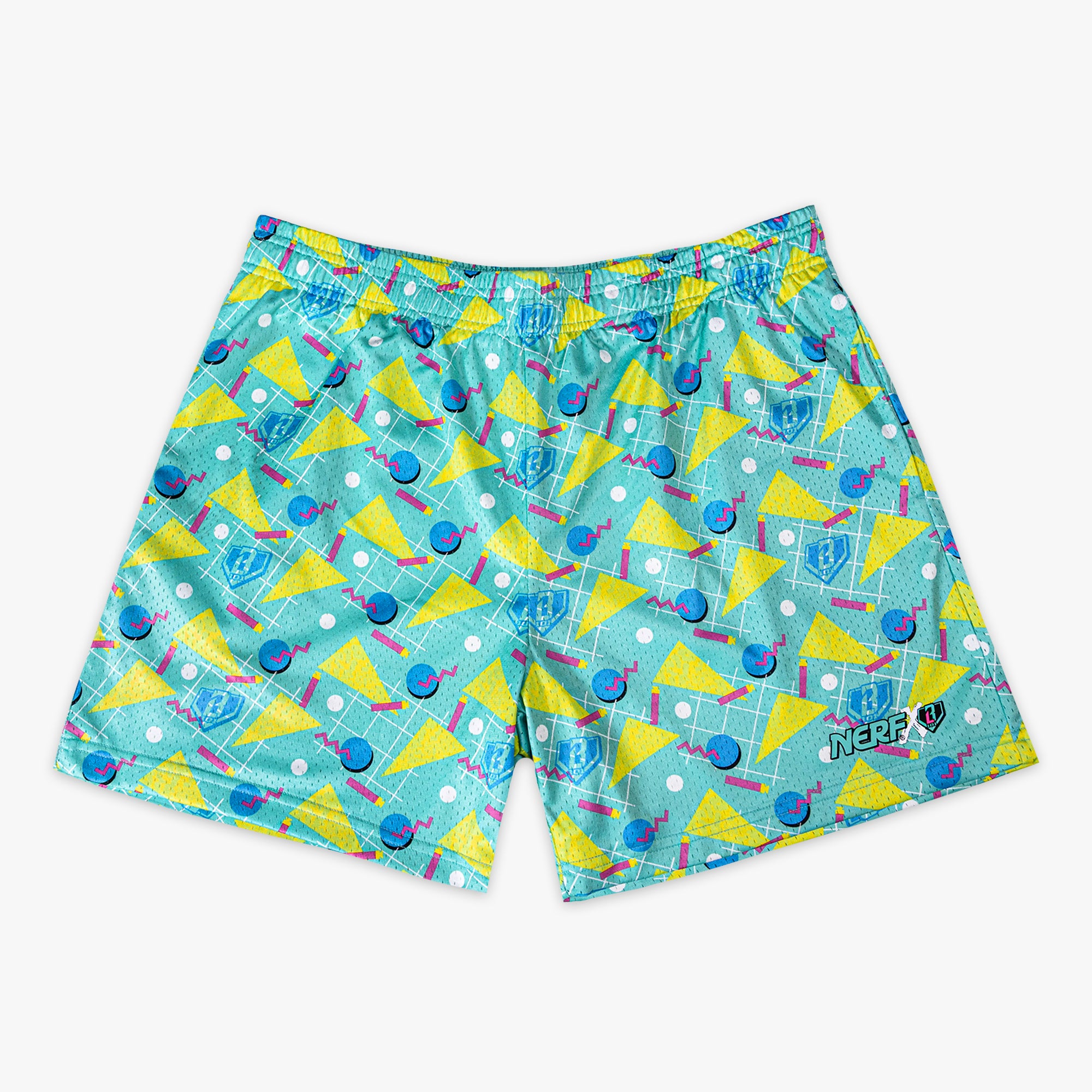 Colorful patterned shorts with a visible BL101N X NERF logo on a white background