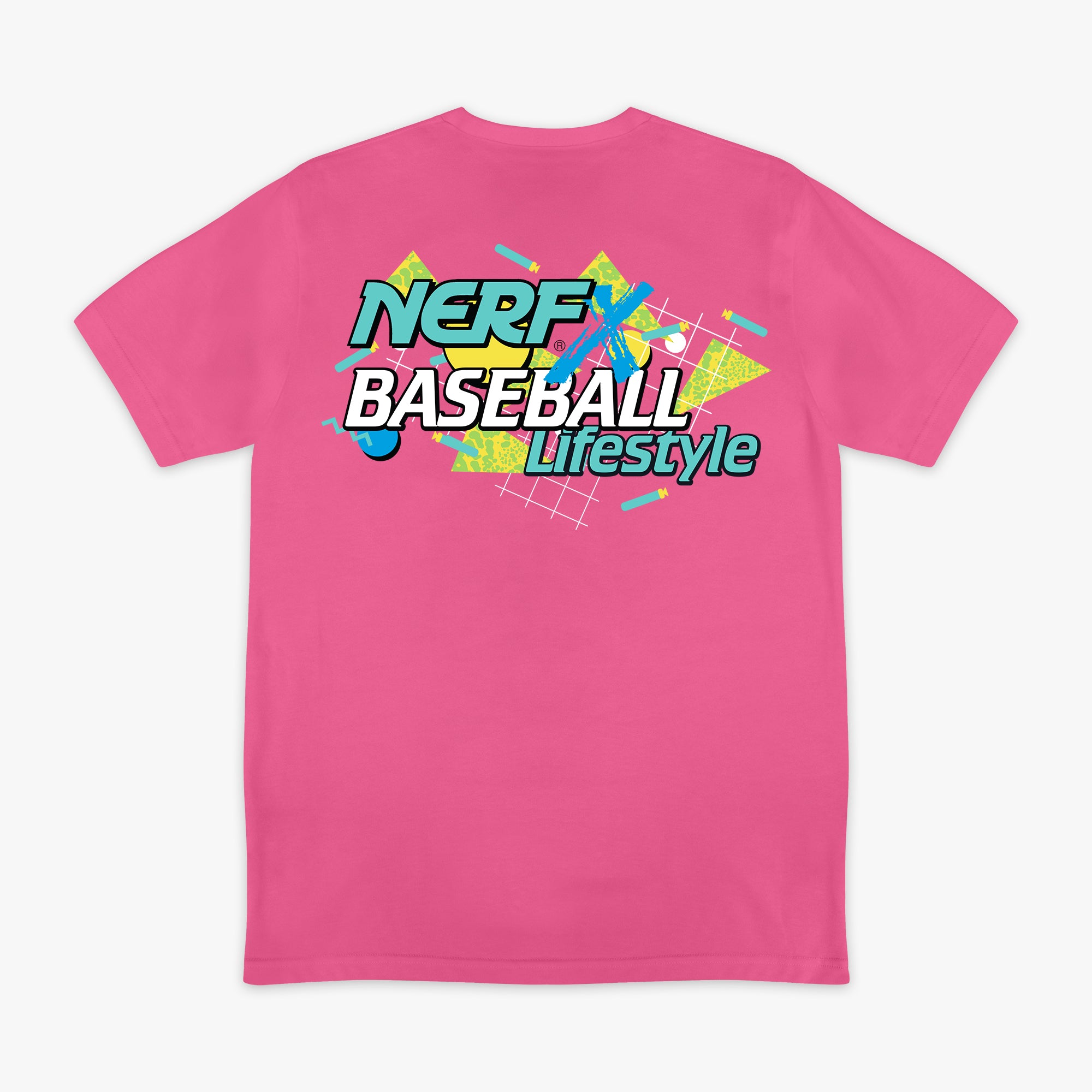 Pink t-shirt with 'NERF X BASEBALL Lifestyle' text and graphic on a white background