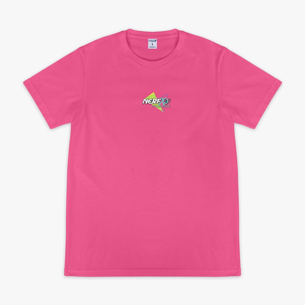 Pink t-shirt with a small 'NERF X BASEBALL Lifestyle' text and graphic on  chest against a white background