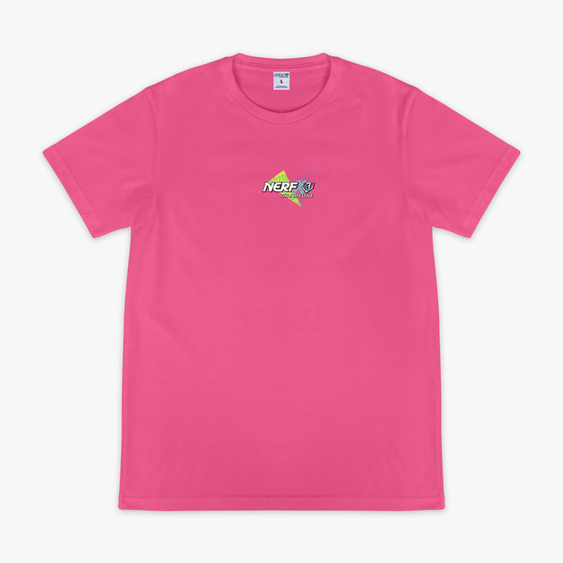 Pink t-shirt with a small 'NERF X BASEBALL Lifestyle' text and graphic on  chest against a white background