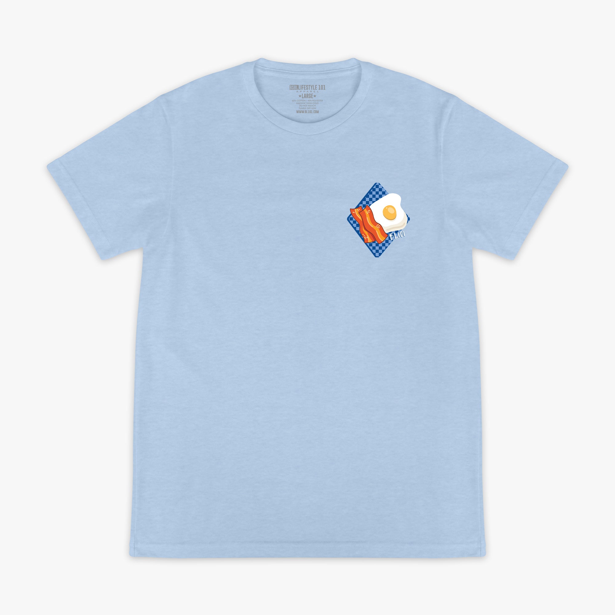 Light blue t-shirt with a graphic of bacon and an egg on a white background
