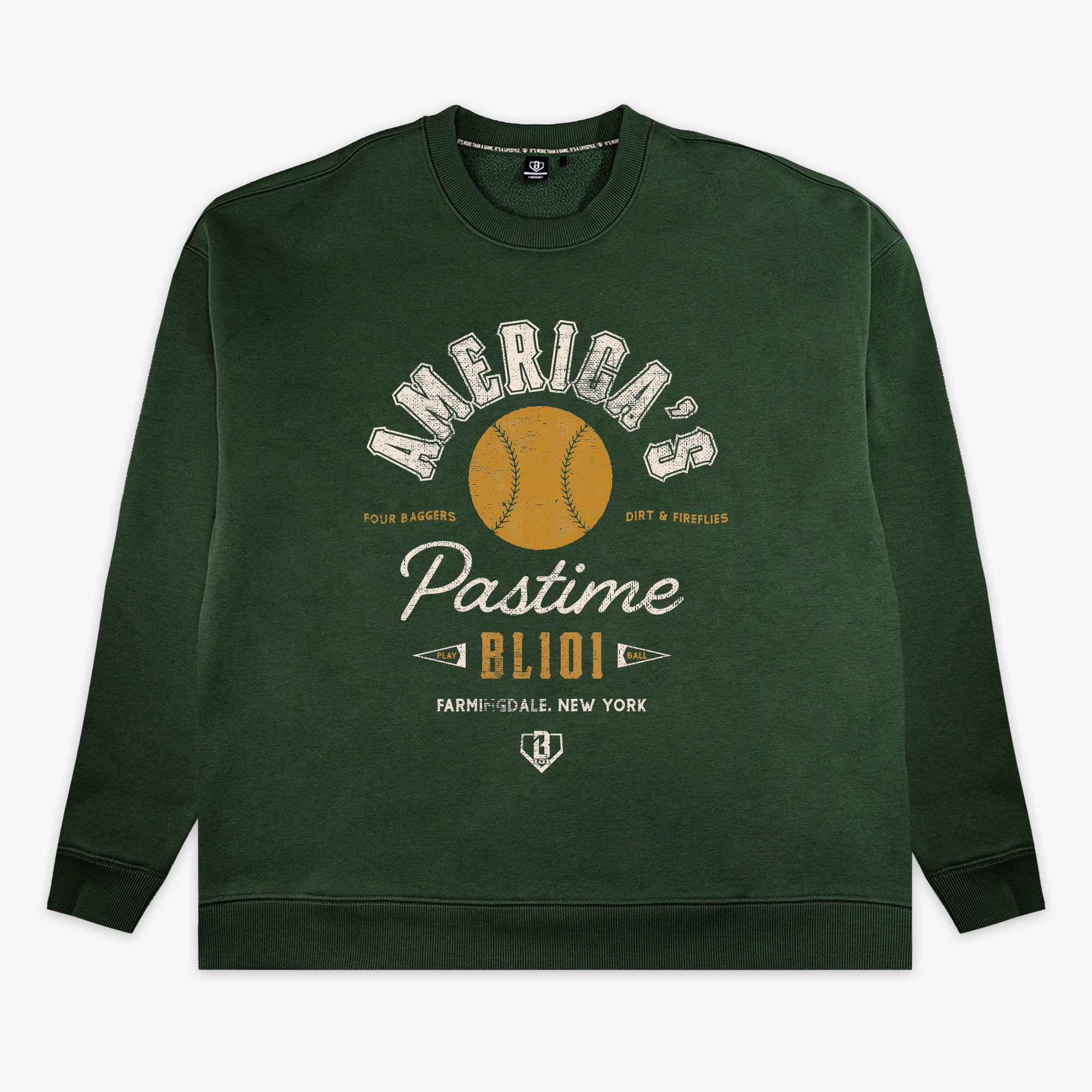 Front flat lay of the BL101 green crewneck sweatshirt, featuring a vintage-style baseball graphic with "Farmingdale, New York" and "America's Pastime BL101" text on a white background.