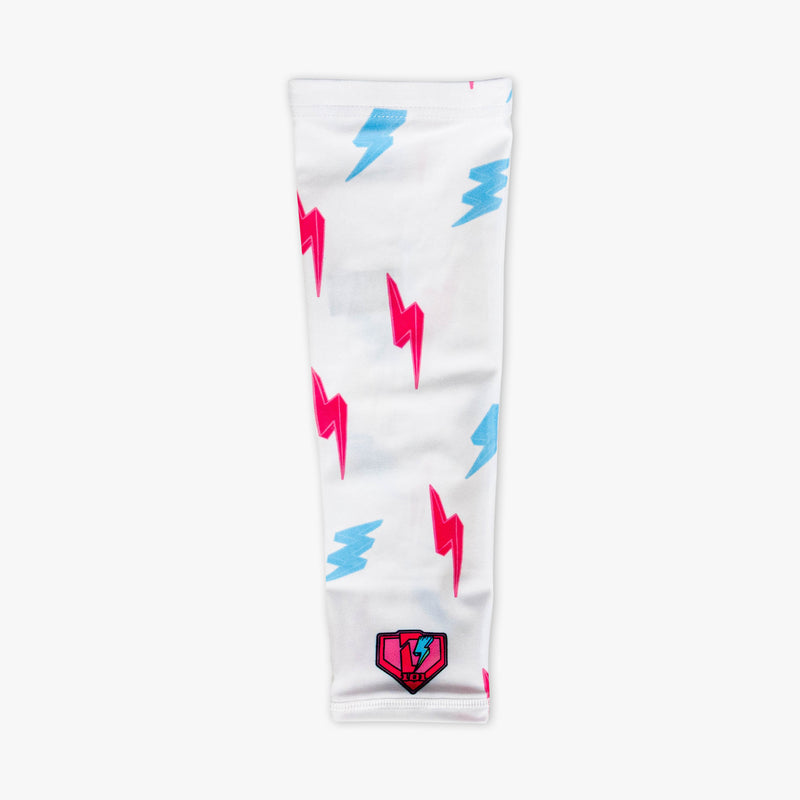 Lightning arm sleeve laid flat on a white background featuring a pink and blue lightning bolt all-over print with a pink BL101 logo near the wrist