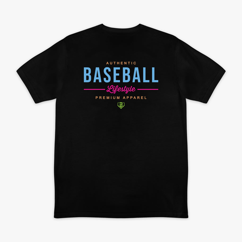 Black t-shirt with 'Authentic Baseball Lifestyle Premium Apparel' text on a white background