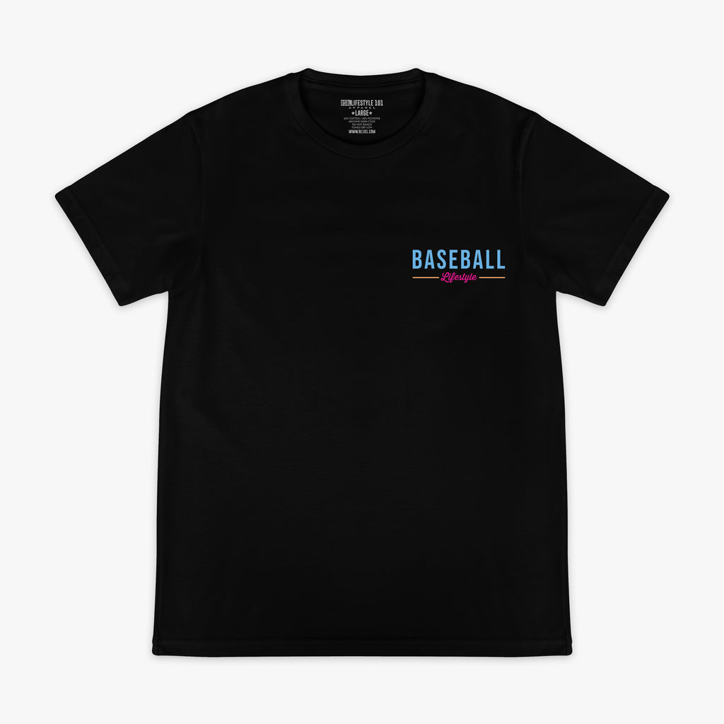 Black t-shirt with 'BASEBALL Lifestyle' text on a white background