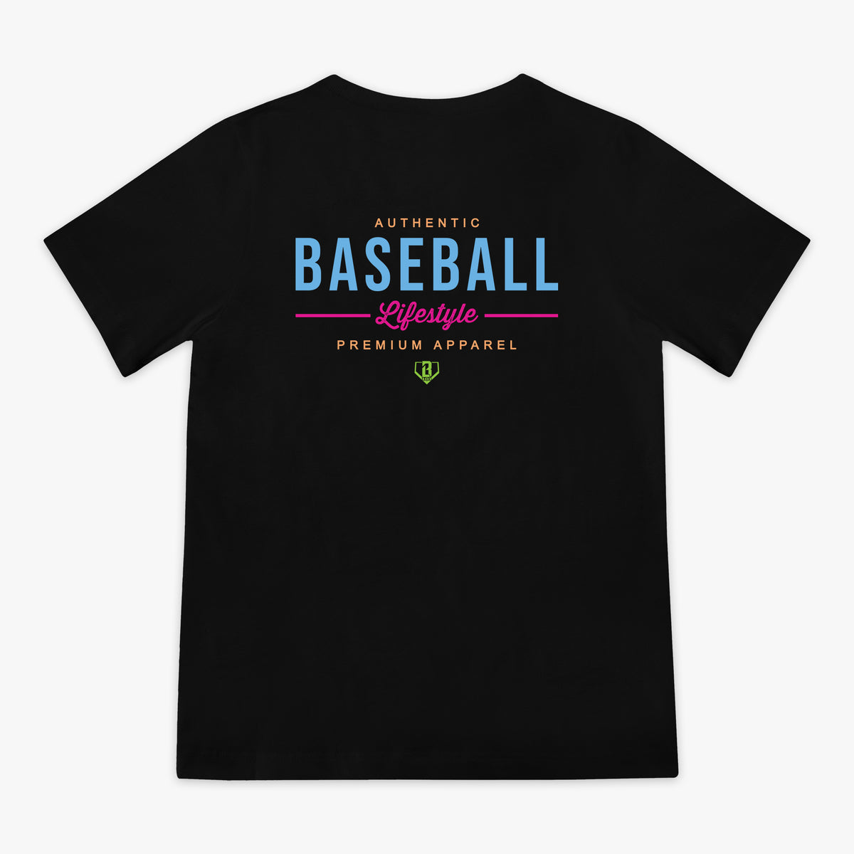 Black t-shirt with 'Authentic Baseball Lifestyle Premium Apparel' text on a white background