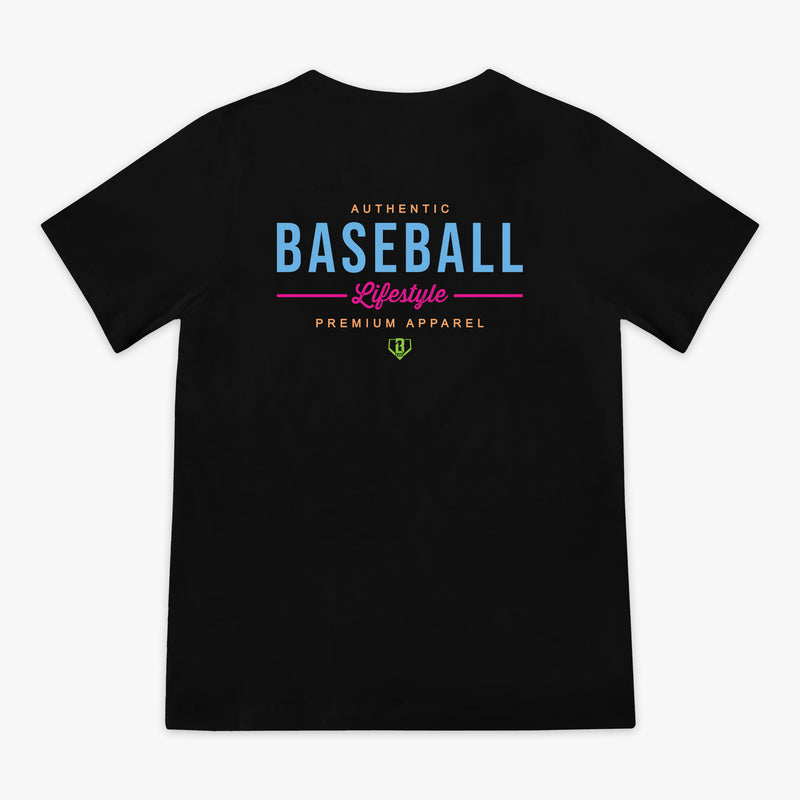 Black t-shirt with 'Authentic Baseball Lifestyle Premium Apparel' text on a white background