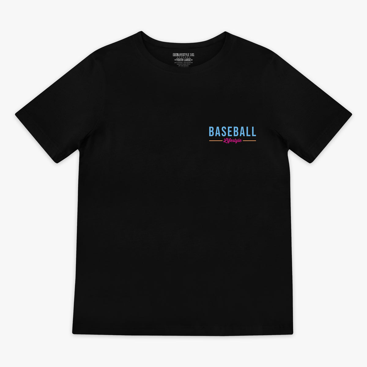 Black t-shirt with 'BASEBALL Lifestyle' text on a white background