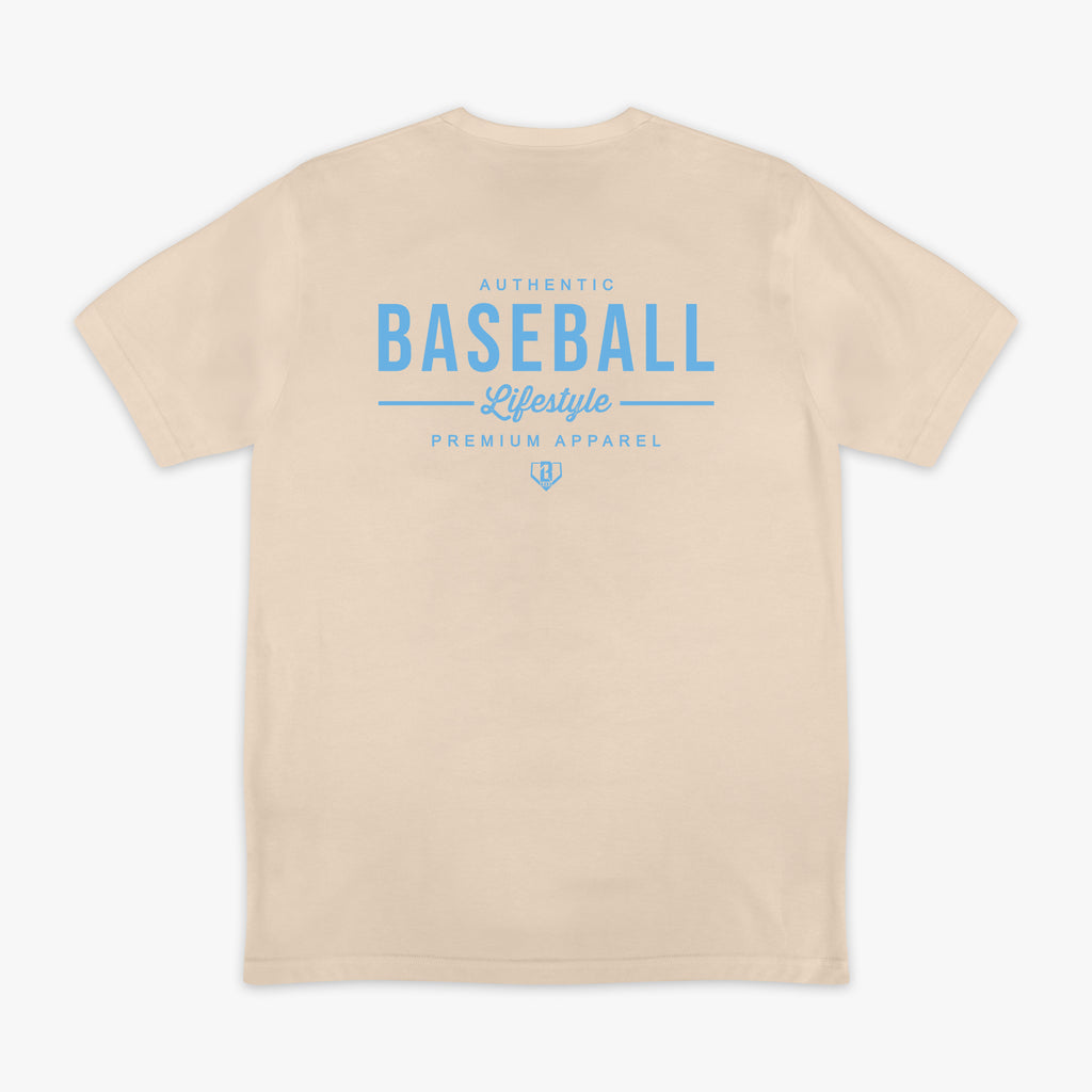 Beige t-shirt with blue text on a white background