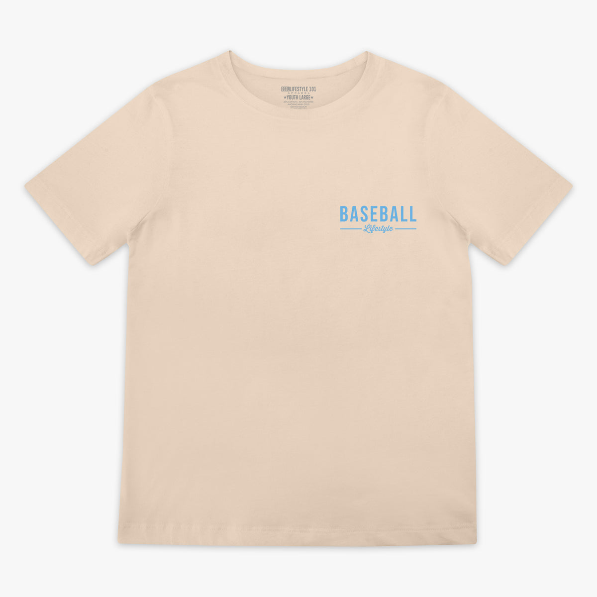 Beige t-shirt with 'BASEBALL Lifestyle' text on a white background