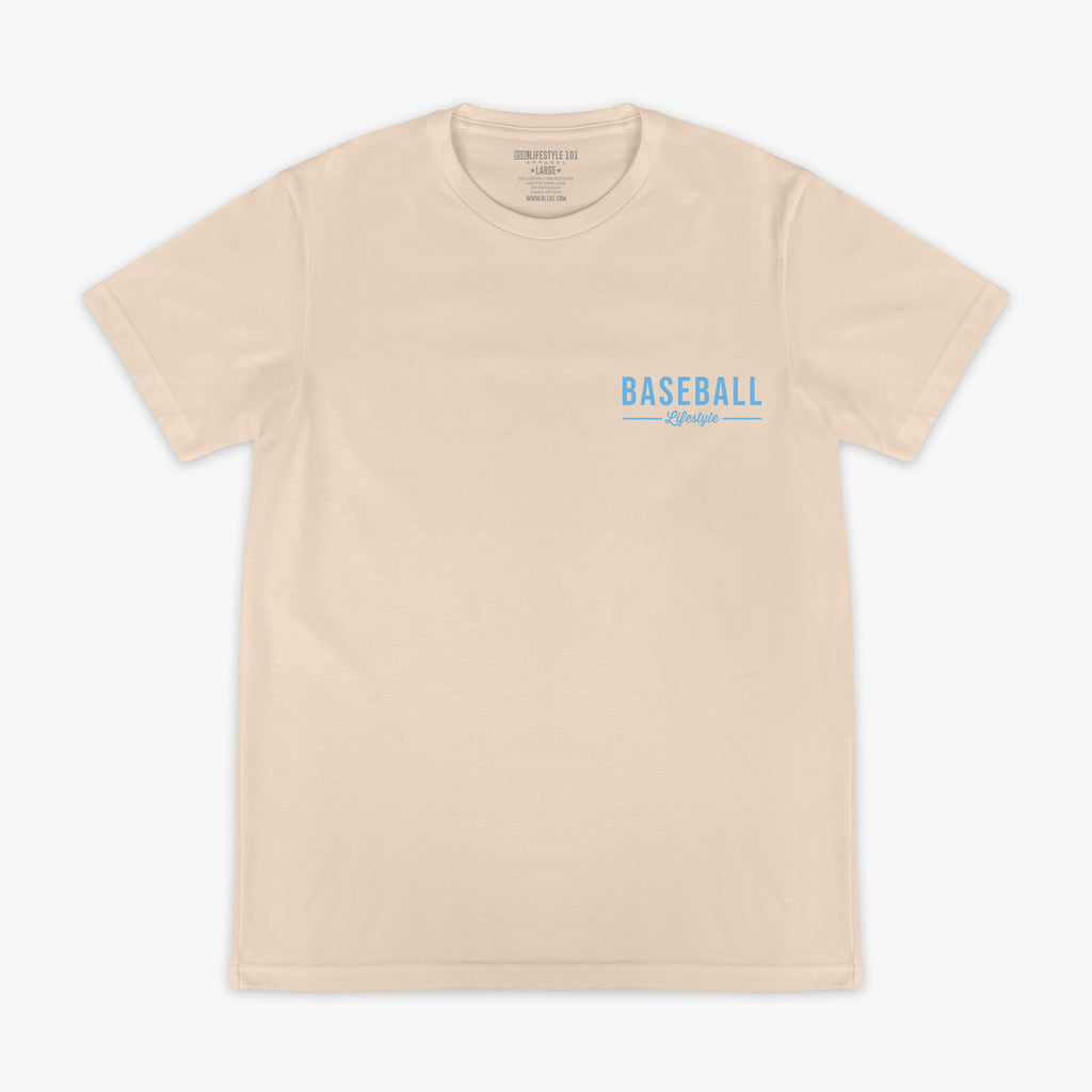 Beige t-shirt with 'BASEBALL Lifestyle' text on a white background