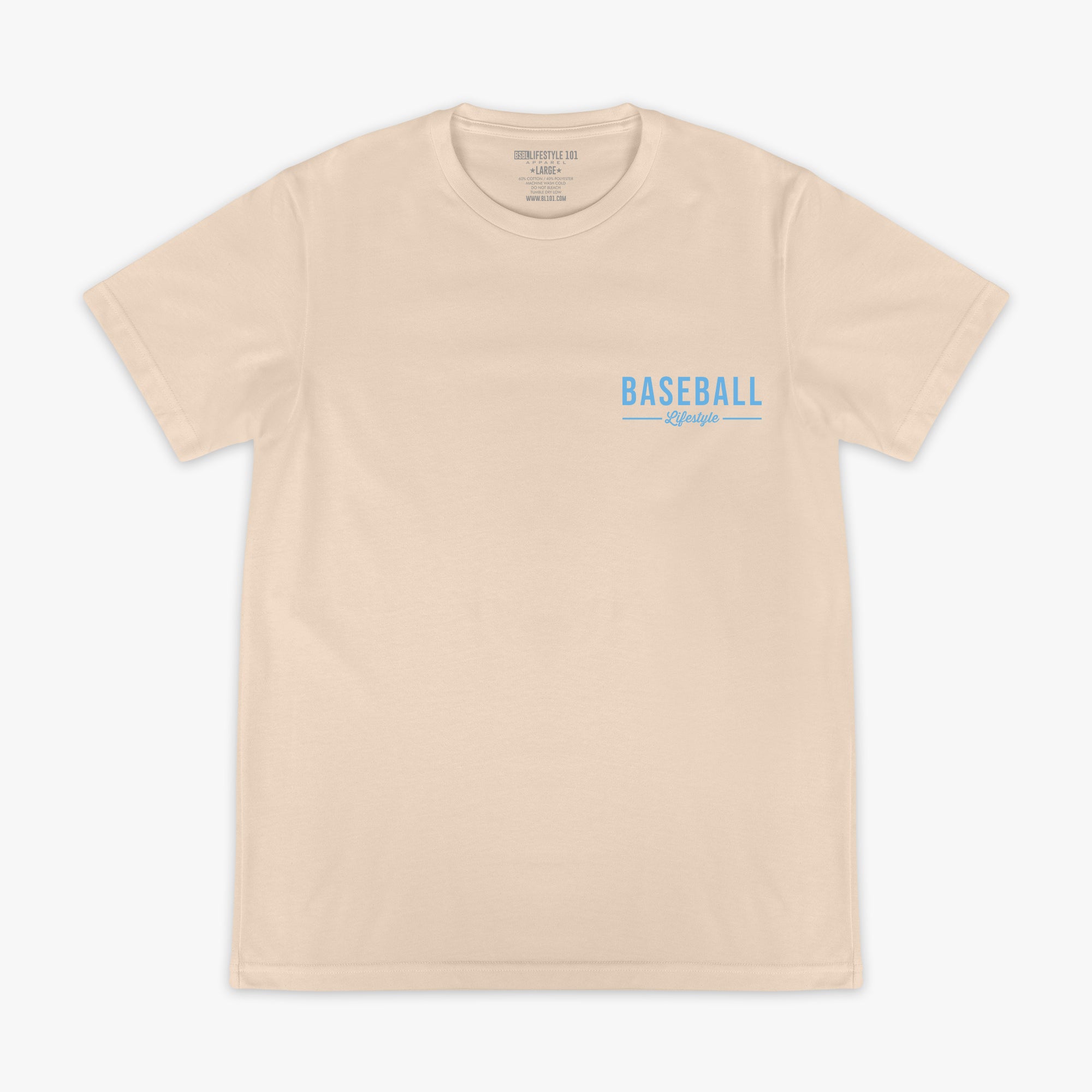 Beige t-shirt with 'BASEBALL Lifestyle' text on a white background