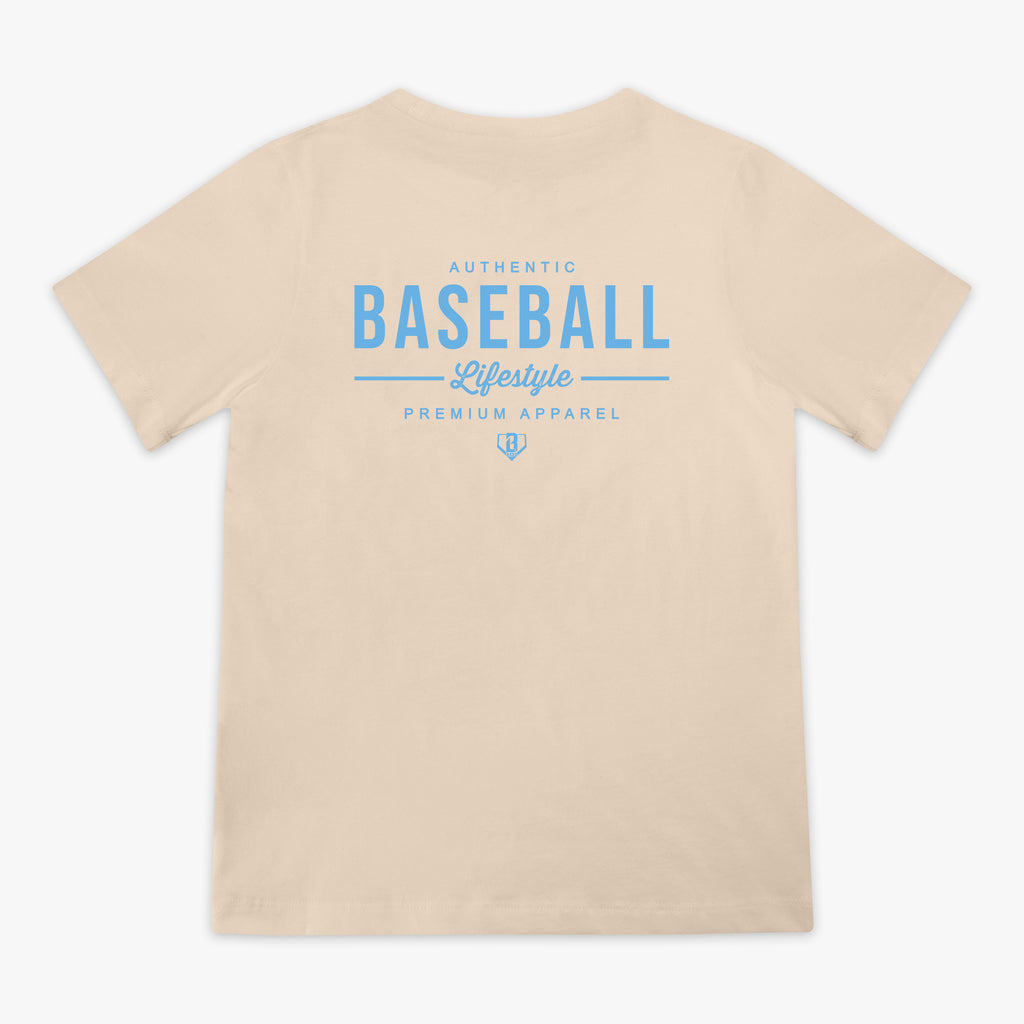 Beige t-shirt with blue text on the back on a white background